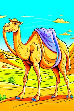 DRAW TO COLORING OF A CAMEL ON THE DESERT, CARTOON STYLE, LOW DETAILS, THICK LINES, NO SHADING