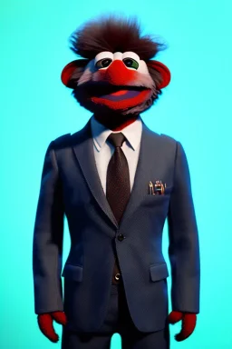 Waist up muppet Portrait, Vladimir Putin as muppet doll, Black suit, photo studio, blue background, unreal engine 5, concept art, art station, god lights, ray tracing, RTX, lumen lighting, ultra detail, volumetric lighting, 3d.