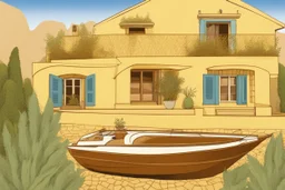 A large yacht is parked in the yard of a yellow stone house with a brown tiled roof, a large brown window and a chimney, a lush lace bush and a marijuana plantation, in the surrealist Salvador Dali style