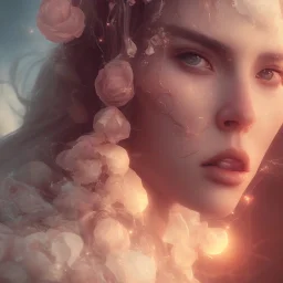 MAGICAL BEAUTIFUL WOMAN, CLOSE UP, FACE, cinematic lighting, 4k, 8k, octane render, digital concept art, ambient lighting, PINK, SUNSET