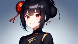 A fine illustration of a female martial artist , 1girl, solo, smile, chinese clothes, black hair, short hair, red eyes, hair bun, hair bun, hair ornament, kagura \(gintama\), sharp focus , black clothes , young , beautiful , best quality, high quality, highres, absurdres, solo focus, upper body, avatar \(series\), fighting stance , sunlight, cold, pose, highly detailed , outdoors, russian plaza , fighting stance,