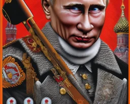 Russia president satan Vladimir Putin, evil fangs, atomic bomb cudgel