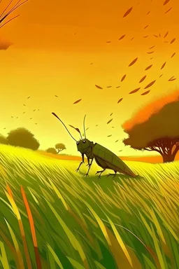 Grasshopper，Rice field，Trees，Warm color palette，Animation，Fried grasshopper