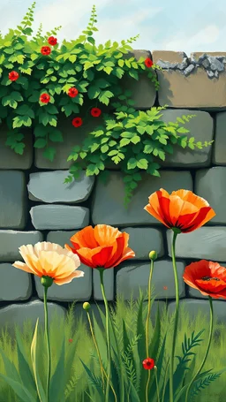 Painting style art, Look at the poppies that have sprouted in front of the garden wall.