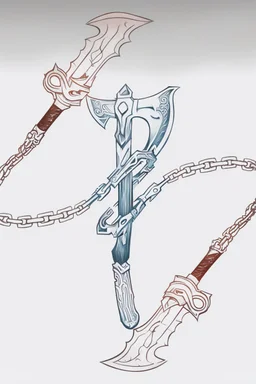 A tattoo of the blades of chaos, the draupnir spear and the leviathan axe from god of war and with the jötunheim mountains in the background