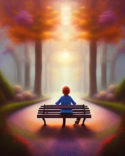 park mystical dream, park bench, man, woman, child, dog, trees, path, bird, sunshine, mystical, fantasy, romanticism, pastel colors, daylight, daytime, acrylic painting, detailed, soft focus,