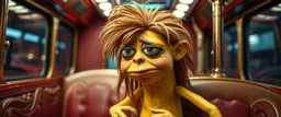 close up portrait of hairy fluffy polymer clay cute female happy worried banana monster with realistic human colored and textured skin, and long sleek limbs and with studio lights, on a luxury ornate neon buss, talking to his aunt