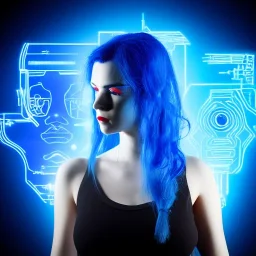 cyberpunk, head, woman, model, rendering, blue hair, electric circuits in backgound, lights, high contrast