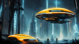 tron legacy movie, creatures,, space ships, city of the future, trees , forest, yellow, blue, red, orange, realistic