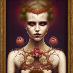 singer Danish MØ face, style surrealism by <Mark Ryden>, blood, guts, darkred tones,