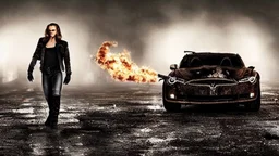 A Tesla's 'Model S Plaid' is doing donuts, in the post-apocalyptic world of the 'Terminator' movies. CINEMATIC. WIDE ANGLE LENS. PHOTO REAL.