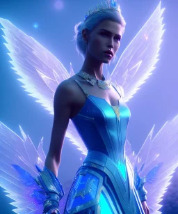 A crystalised queen, atmospheric, realistic, unreal engine, cinematic lighting, octane render. blue, pink, transparency, light, shine,bright, full body, transparent wings, blonde, long hair, nice smile