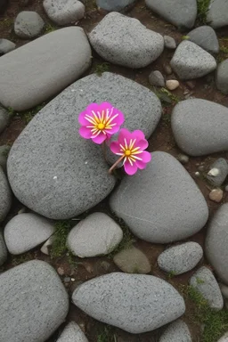 small beautiful flowers grow out of cracks in the grey stones and rocks