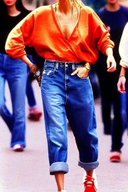 year 1996 denim fashion. Loose fit, low waist, baggy. Colors: denim blue, blue, purple, khaki, light green, lilac, plum, orange, terracotta, red, pink, dark blue, beige. Women models. Jennifer Lopez, Gwyneth Paltrow, . Big tennis shoes on.