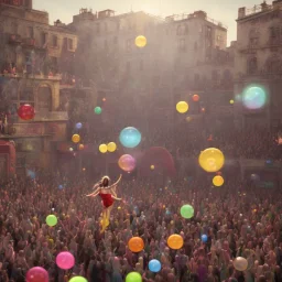 Ultra realistic circus scene. Woodstock style, woman dancing, happy, color bubbles, smooth color, waist up view, Wes Anderson style, a lot of people background, highly detailed, concept art, unreal engine 5, god rays, ray tracing, RTX, lumen lighting, ultra detail, volumetric lighting, 3d, finely drawn, high definition, high resolution.