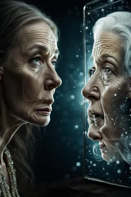 An image of a young woman gazing into a mirror, with subtle glimmers portraying the suspense and shock as the mirror reveals an old woman face