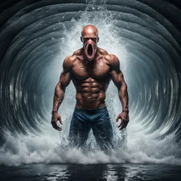 Hyper Realistic Muscular Octopus Head Man standing in a water flood tunnel with big wave splashes at rainy night