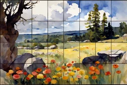 Sunny day, clouds, flowers, rocks, trees, distant mountains, spring, sci-fi, fantasy, winslow homer watercolor paintings