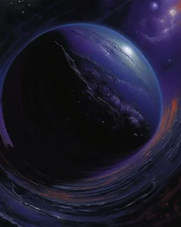 A dark purple planet with marvelous rings around it painted by Claude Monet