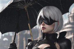 Hot 2B with blindfold in 8k nier automata artstyle, blind them, 2B Custom, blindfold, close picture, rain, fantasy world, intricate details, highly detailed, high details, detailed portrait, masterpiece,ultra detailed, ultra quality