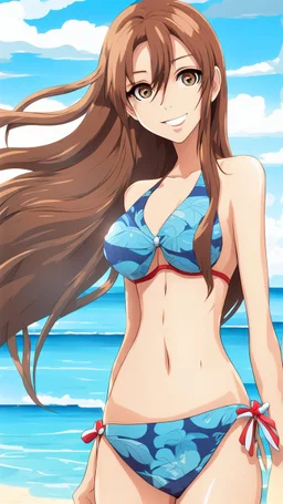 Attractive Anime Woman With Very Long brown Hair, Bikini, Full Body In Frame, Beach, Red Cheeks, Skinny, Looking At Camera, Smiling