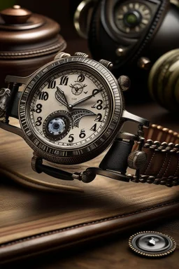 Generate an image of an Obsyss watch from the heritage collection, placed in a vintage setting. Pay attention to details like worn leather straps and antique surroundings to evoke a sense of timeless elegance.