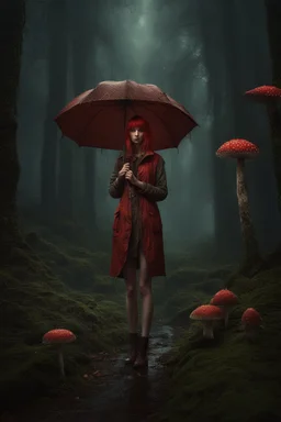 tall slim woman in a ragged clothing, in a forest, holding an umbrella made from a fly agaric mushroom, raining, detailed matte painting, deep colour, fantastical, intricate detail, complementary colours, fantasy concept art, 8k resolution, Unreal Engine 5