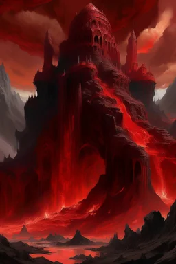 A dark red explosive volcanic palace painted by Karl Wiener