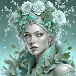 Beautiful silver and. Light blue, gradient green Leaves winter queen portrait, adorned with textured snow flakes, snowy greem mistletoe and pine leaves rococo style headdress wearing organic bio spinal ribbed detail of bioluminescence botanical rococo style costume, white camelia floral baclground, Golden dust and snowflake extremely detailed, textured hyperrealistic maximálist concept art