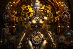 robot body with a female head, hands and feet, and a steampunk background