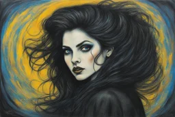 create an oil pastel of a dark haired, savage, gothpunk vampire girl with highly detailed , sharply defined hair and facial features set against a swirling chaotic background, in the style of ODILON REDON