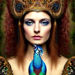 portrait of woman queen of peacocks, stunning, beautiful, gorgeous, realistic, photo illustrative, ornate, dark hair, blue eyes, 8K resolution, high-quality, fine-detail, digital art, detailed matte, brian froud, howard lyon, selina french, anna dittmann, annie stokes, lisa parker, greg rutowski, alphonse mucha