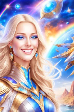 cosmic woman smile, admiral from the future, one fine whole face, crystalline skin, expressive blue eyes,rainbow, smiling lips, very nice smile, costume pleiadian, Beautiful tall woman pleiadian Galactic commander, ship, perfect datailed golden galactic suit, high rank, long blond hair, hand whit five perfect detailed finger, amazing big blue eyes, smilling mouth, high drfinition lips, cosmic happiness, bright colors, blue, pink, gold, jewels, realist, high commander