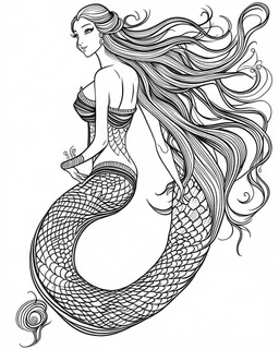 A real simple less black mermaid, coloring image, full body (((((white background))))), only use an outline., real style, line art, white color, clean line art, white background, Sketch style