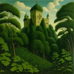 A green castle in a forest covered in vines painted by Henri Rousseau