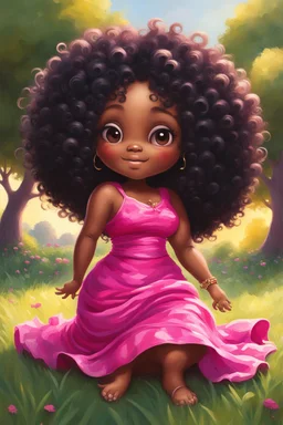 An expressive oil painting image of a chibi black cartoon of a curvaceous woman with flowing of tight curly afro of black hair that's highly detailed, wearing a hot pink maxi dress. She sits relaxed on the grass facing the warm sunlight, which illuminates her face as she looks to the side with a small smile, accentuating her prominent makeup and brown eyes. with green and hot pink roses all around