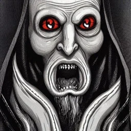 Nosferatu with yellow eyes with fleshy tentacle hair beard grey skin and red fangs as a Russian Orthodox