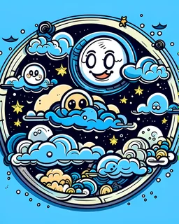 Design a delightful cartoon-style image featuring a cheerful Earth surrounded by fluffy clouds and stars and dotted with playful balloons, evoking a sense of adventure and exploration. , sticker, 2d cute, fantasy, dreamy, vector illustration, 2d flat, centered, by Tim Burton, professional, sleek, modern, minimalist, graphic, line art, vector graphics