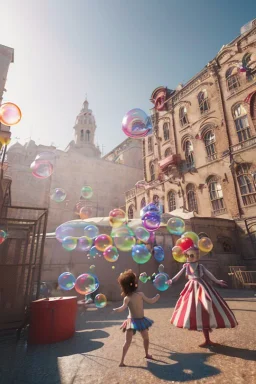 Ultra realistic circus scene. Child’s playing, smile, happy, color bubbles, smooth color, waist up view, Wes Anderson style, a lot of people background, highly detailed, concept art, unreal engine 5, god rays, ray tracing, RTX, lumen lighting, ultra detail, volumetric lighting, 3d, finely drawn, high definition, high resolution.