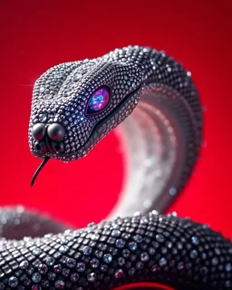 A snake with diamonds all over its body, sparkling with gem like eyes, shining like stars against a red background, exquisite and luxurious design, elegant curves and complex diamond scales, eyes emitting vibrant gem like colors, exquisite and high-end aesthetics, shining highlights, magical and surreal atmosphere, vast and open space, ultimate luxury, charming beauty, high-quality visual effects, cinematic composition, vast feeling, soft and ethereal lighting