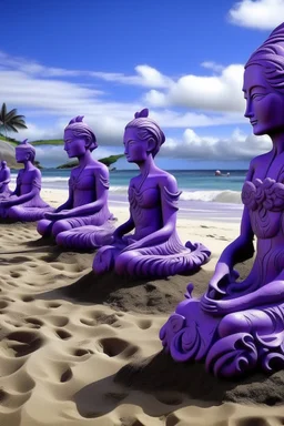 A purple seaside beach designed in Hawaiian tiki statues painted by Salvador Dali