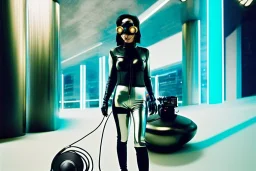 Photographic. Technological utopia. Machine, milky fake skin, old-camera-eyes. 3D-tiling on the adaptive background. Lightly armored. Cyber-punk full-mask. Lay figure woman is Surreal. Haute Couture 1990's. Light from right. Colors are silver, black, Cyan. AKG headphones, golden rings & disc. Logo. Thick tights. Thick calves. Curved fell. Wide hip. Tron Movie. Countermove. Revolution. The Matrix, Lady in Red. Daft Punk!