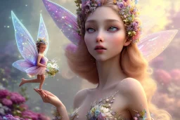 one very little beautiful fairy on a big crystal subtle flower in a galactic ambiance, transparent petals, delicate colors, in the foreground, full of details, smooth, bright sunshine，soft light atmosphere, light effect，vaporwave colorful, concept art, smooth, extremely sharp detail, finely tuned detail, ultra high definition, 8 k, unreal engine 5, ultra sharp focus