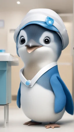 Un pingouin bleu portant l'uniforme d'un dentiste à l'intérieur de la clinique