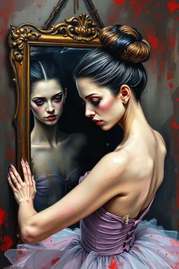 a beautiful ballerina, in a studio, Infront of a mirror, side profile with eyes looking slightly Down, her reflection in the mirror is however looking straight back at her and not looking down, scary, dark undertone, 12k, detailed painting, thick impasto and textures with rough brush strokes, chaos background with cracked paint, peeling off