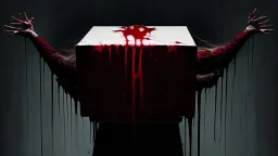 a faceless woman covered in blood holding up a black rectangular box