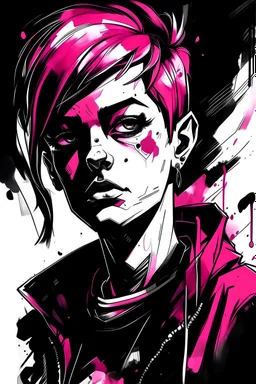 Dax jenkins on paper art print, in the style of gothcore, dark pink and light black, bryan hitch, portraiture with emotion, dynamic mark making, simplistic vector art, fluid ink washes