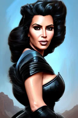 painting of kim kardashian as evil queen in black leather, feminie, angry, stern look on her face, volouptous, busty, cleavage, emperious, mature, highly detailed, digital painting, artstation, concept art, smooth, sharp focus, illustration, art by gaston bussiere and alphonse mucha