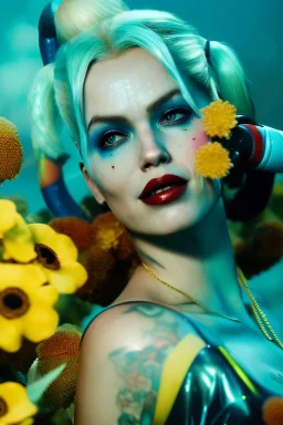 Eva Herzigova as Harley Quinn underwater with yellow flowers for hair, closed eyes, rtx, reflection, 8k, glow, winning photography, caustics