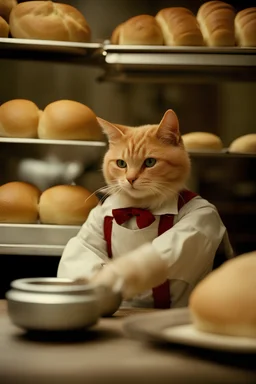 Portrait photo of one single anthropomorphic baker cat at a bakery baking rustical bread, Fuji Velvia 50 film